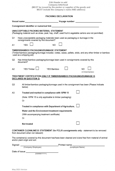 New Packing Declaration Template 2021 – Customs Brokers Australia ...