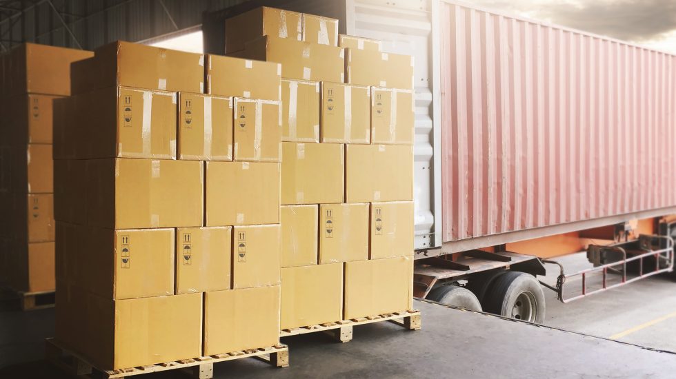 Boxes Unloaded from shipping cargo container awaiting customs clearance